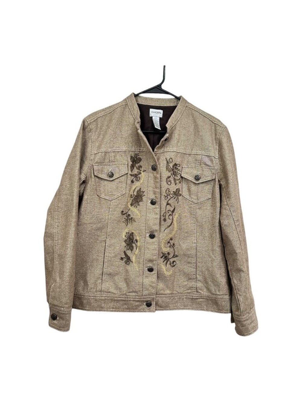 Chicos Metallic Embroidered Button-Up Jacket SZ 2 Beige Long Sleeve Cotton Blend